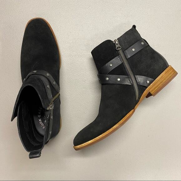Kork Ease Kenai Boot Suede Black Leather Ankle Bootie Studded Strap - Picture 1 of 9